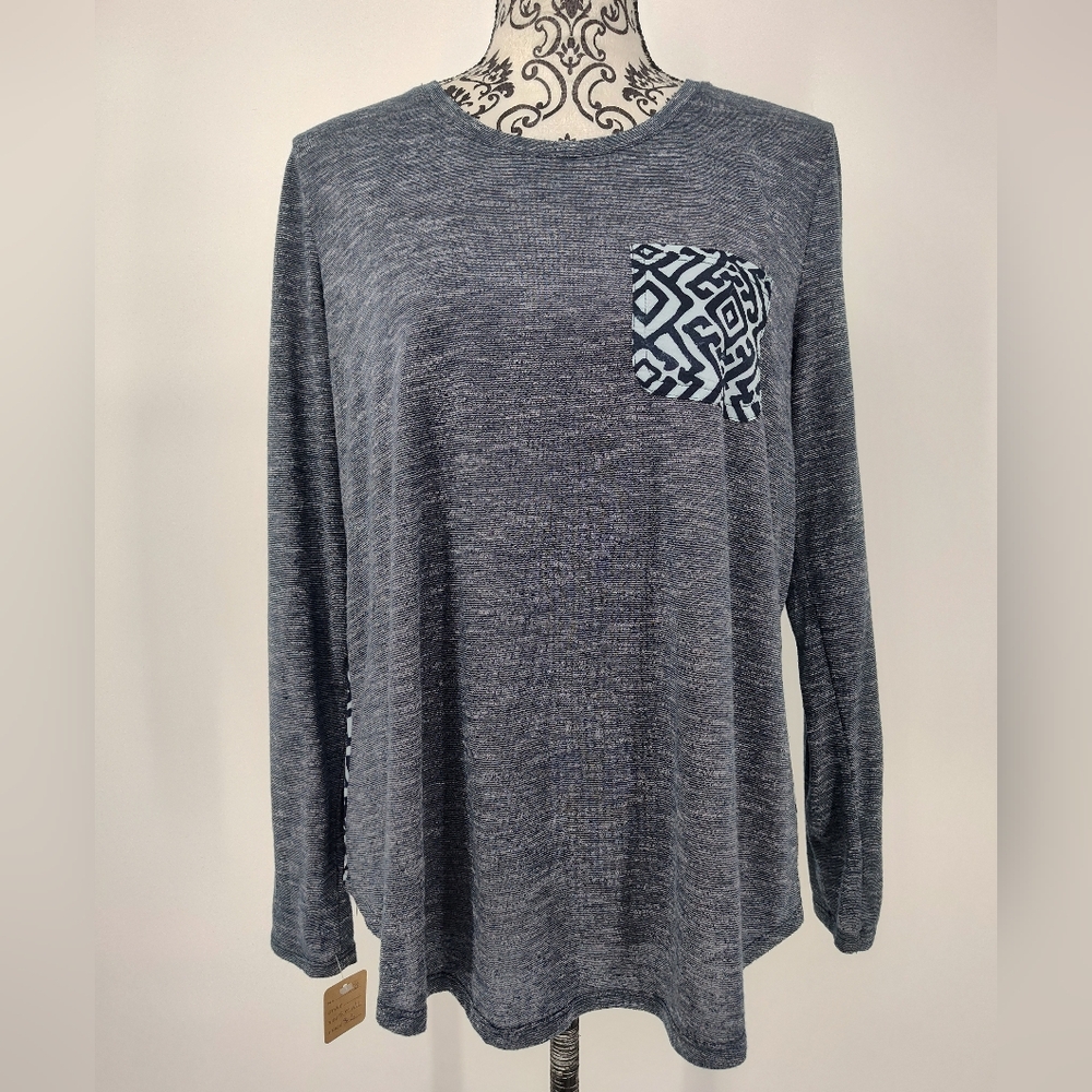 Bit & Bridle Blue Long Sleeve Top with Patterned Pocket And Back Women's Small